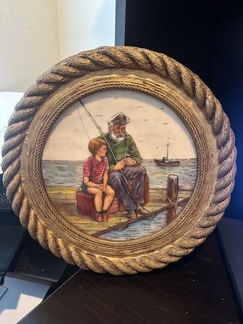 VINTAGE 1970\'s SCULPTURED ARTINI ENGRAVING HandPainted SIGNED NUMBERED FISHEMAN