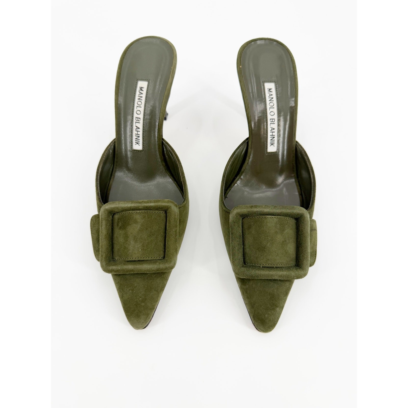 Manolo Blahnik Maysale Dark Green Suede Buckle Pointed Mules Kitten Heel 36 EU