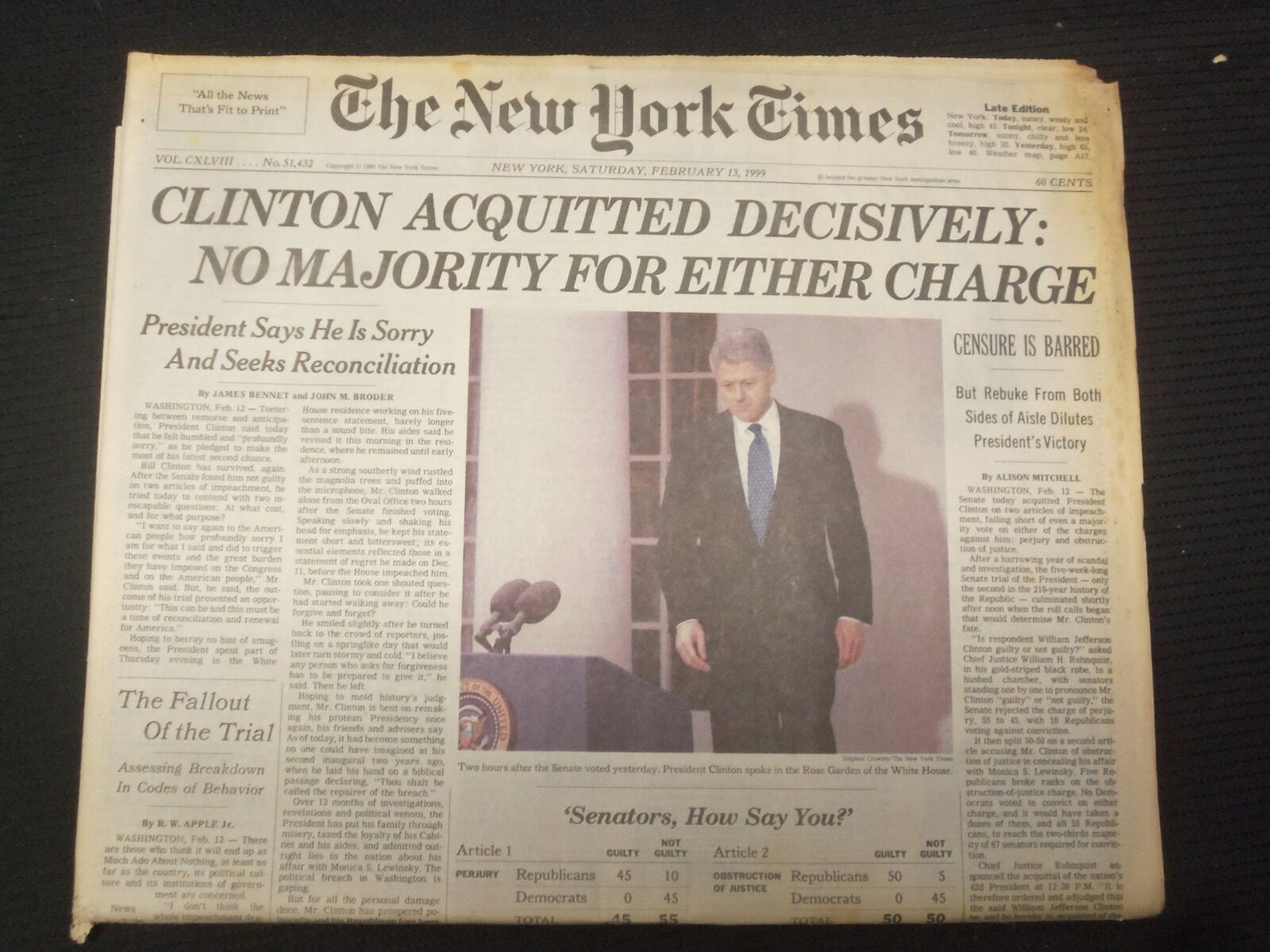 1999 FEB 13 NEW YORK TIMES NEWSPAPER - CLINTON ACQUITTED DECISIVELY - NP 6969