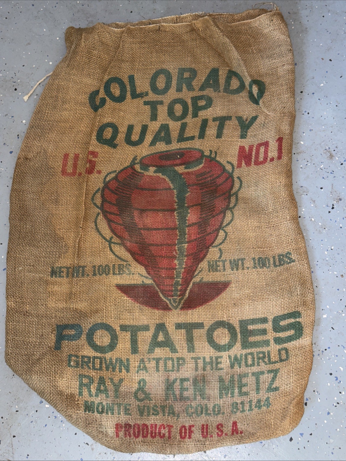 VTG Colorado Top Quality Potatoes Burlap Bag 100 lbs Gunny Sack Rare Antique htf