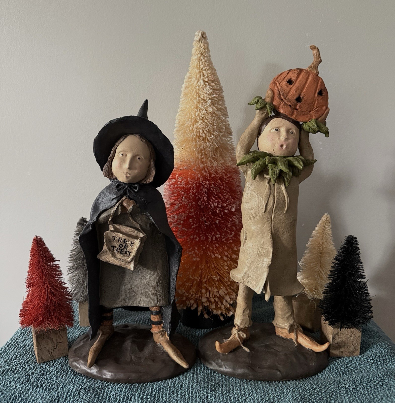 Set 2 Kevin Smith Folk Art Trick Treater Kids Witch Boy W Pumpkin 11 1/2”