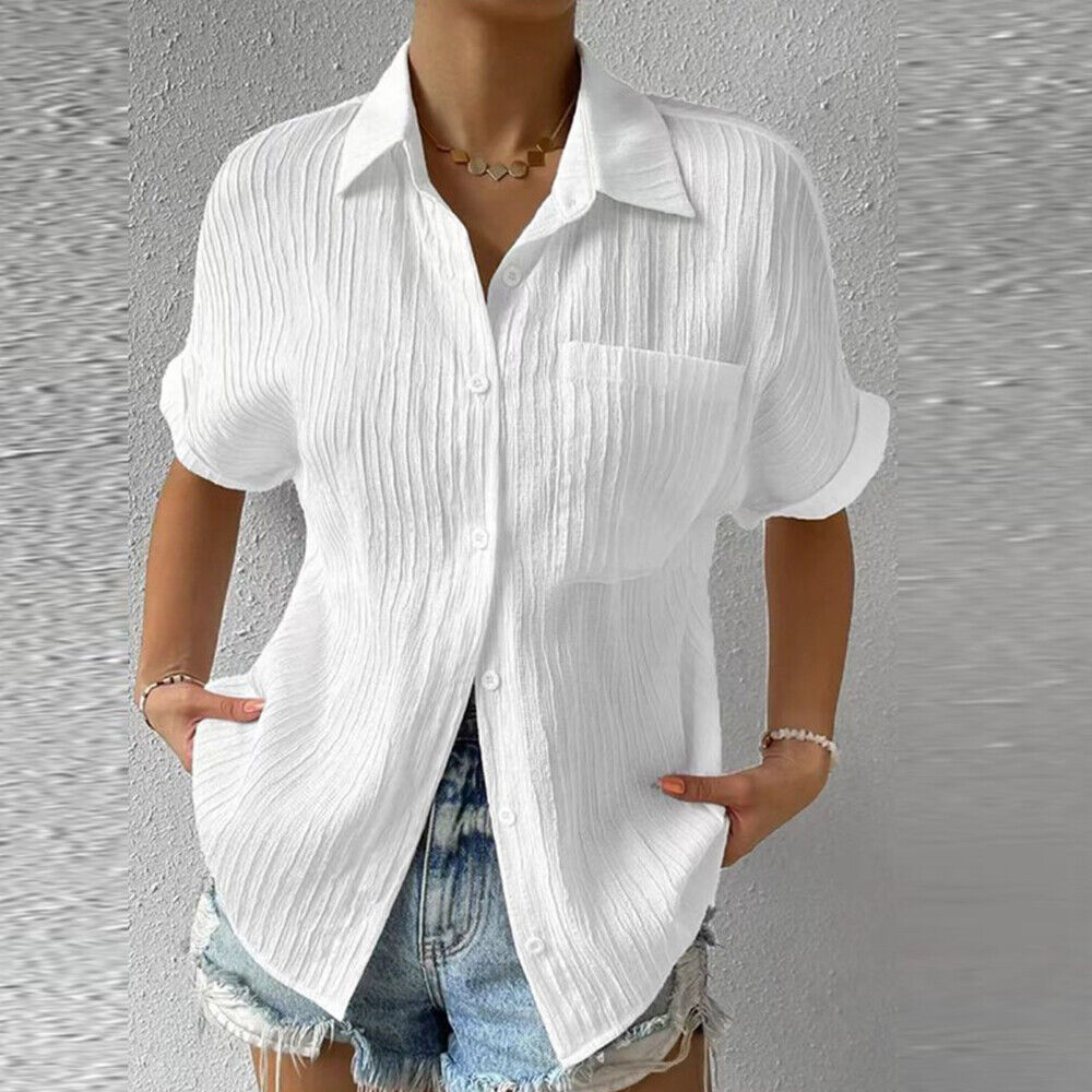 Plus Size Women Summer Tunic Shirts Short Sleeve Blouse Ladies Button Down Tops