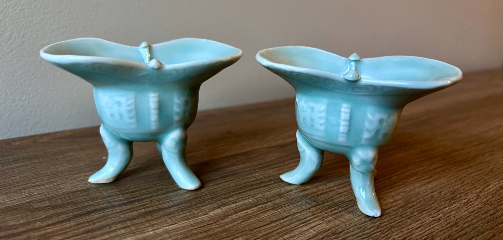 Vintage Chinese Jue Cups Three-Legged Porcelain Celadon Glazed Wine Cups