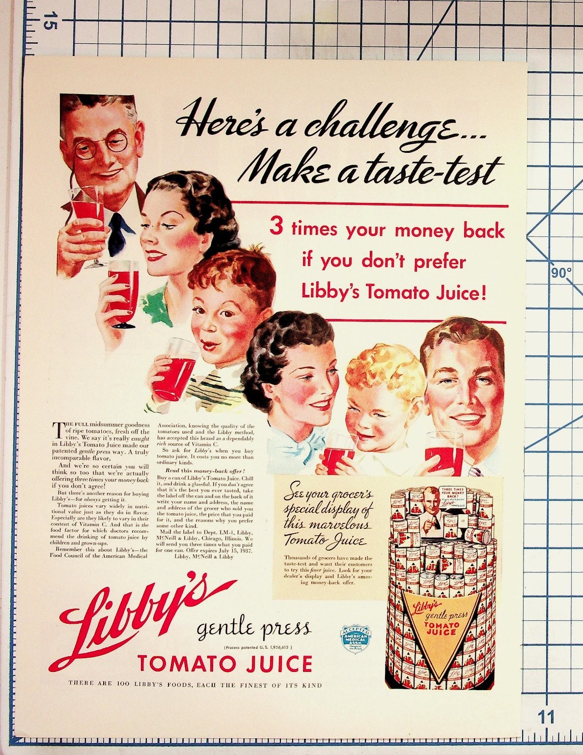 1937 Libby's Tomato Juice Vintage Print Ad Family Taste-Test Money Back Offer