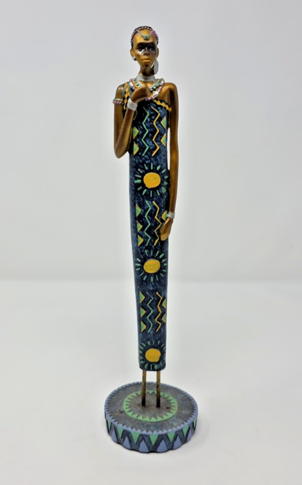 Vintage Tall African Tribal Woman Figurine Gown Sun Chevron Pattern Decor 12
