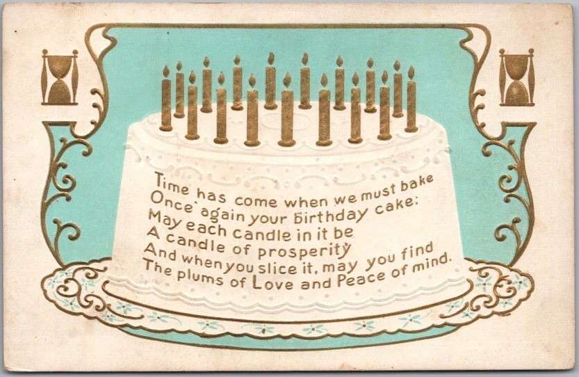 Vintage 1910s HAPPY BIRTHDAY Embossed Greetings Postcard / Cake with 17 Candles