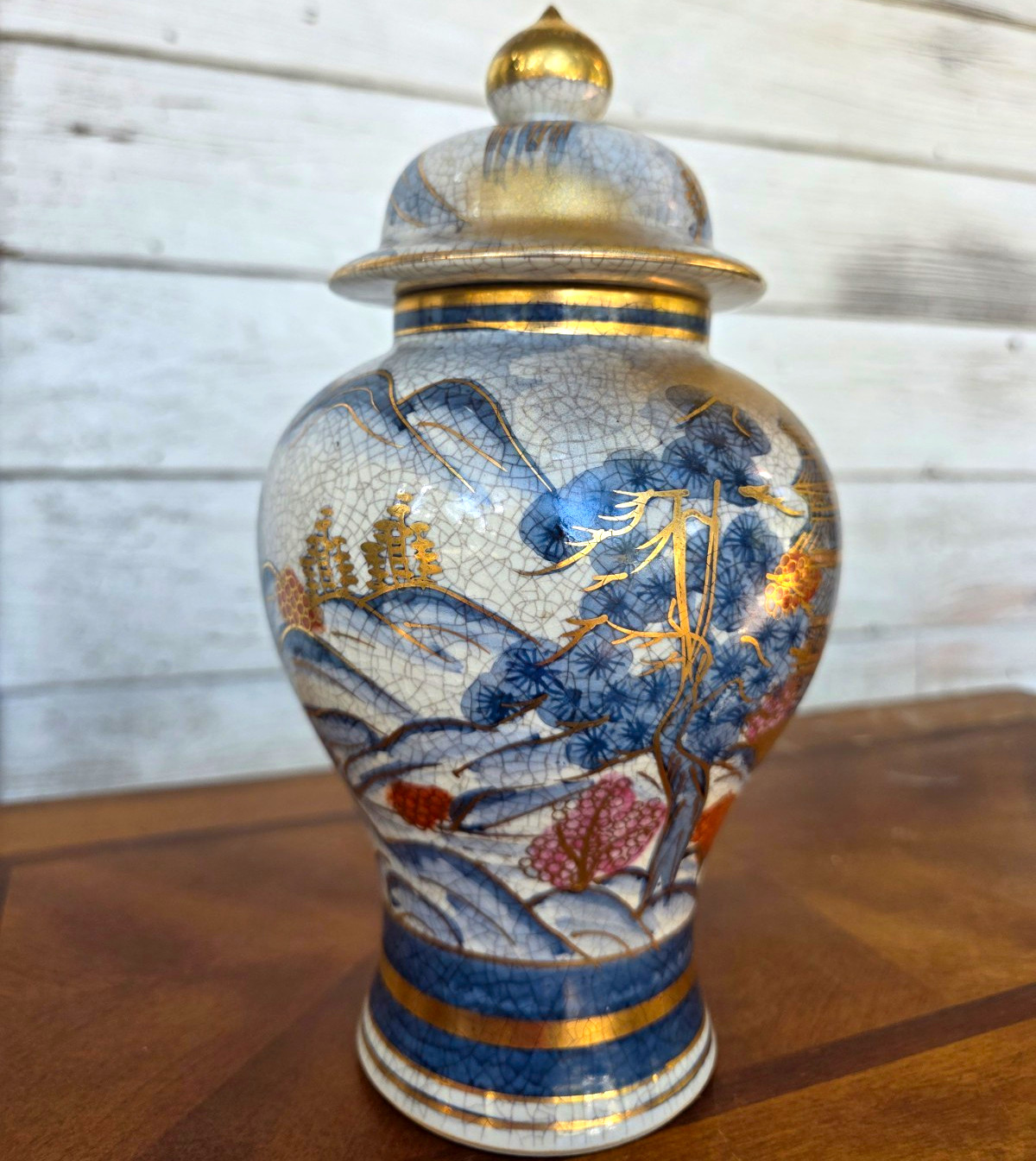 Vintage Japanese Satsuma Lidded Ginger Jar Gosu Blue Crackle Glaze Gold Gilt