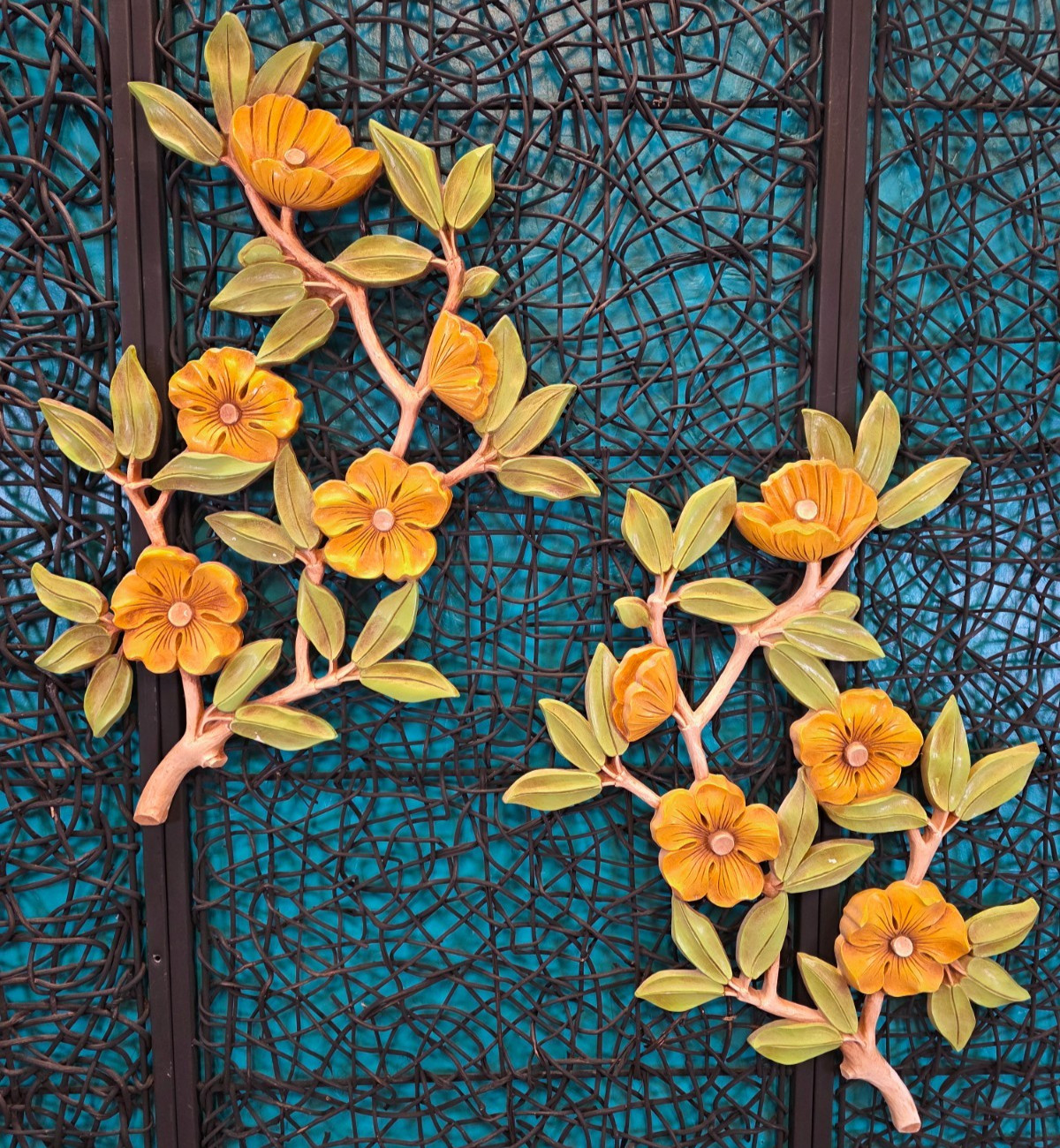 VTG Dart 2 Pc Floral Wall Hanging Green Yellow Flowers Dogwood 4564 USA MCM FLAW