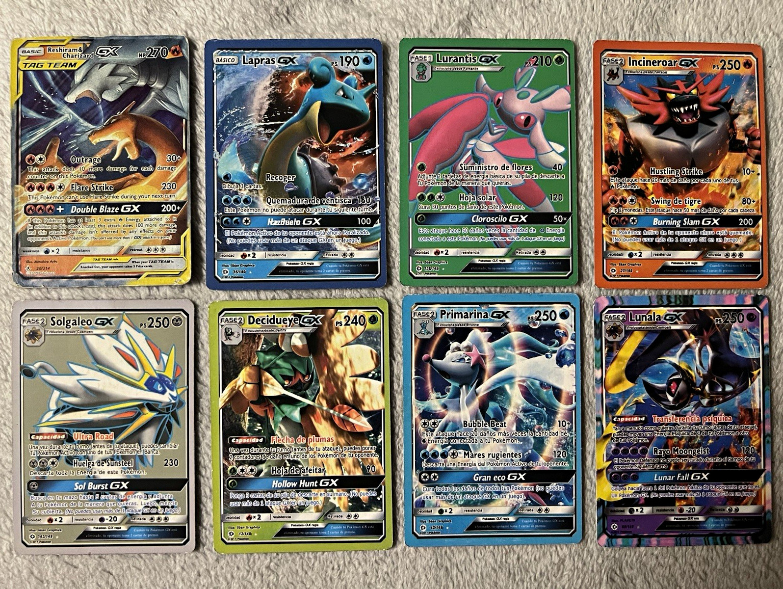 Pokemon TCG Sun & Moon 8x GX TAG TEAM Holo Cards Spanish Reshiram & Charizard