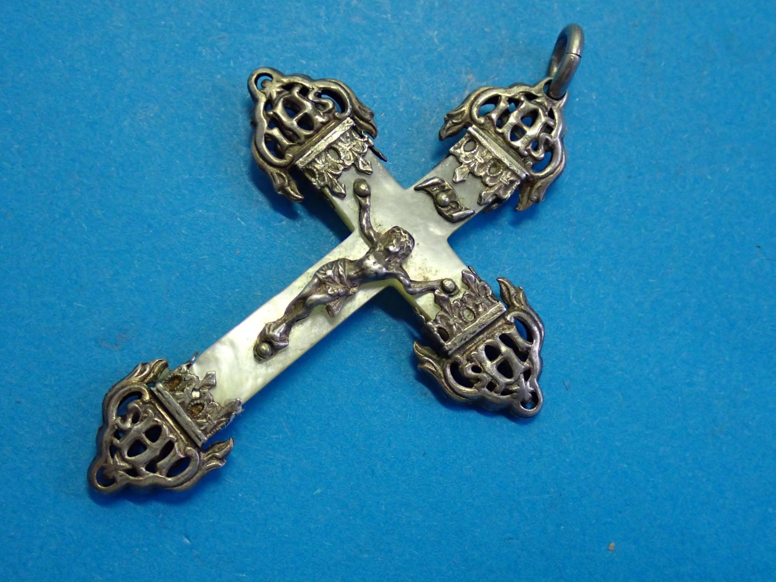 ANTIQUE french NUNS crucifix / MOTHER of PEARL / SILVER IHS ornaments