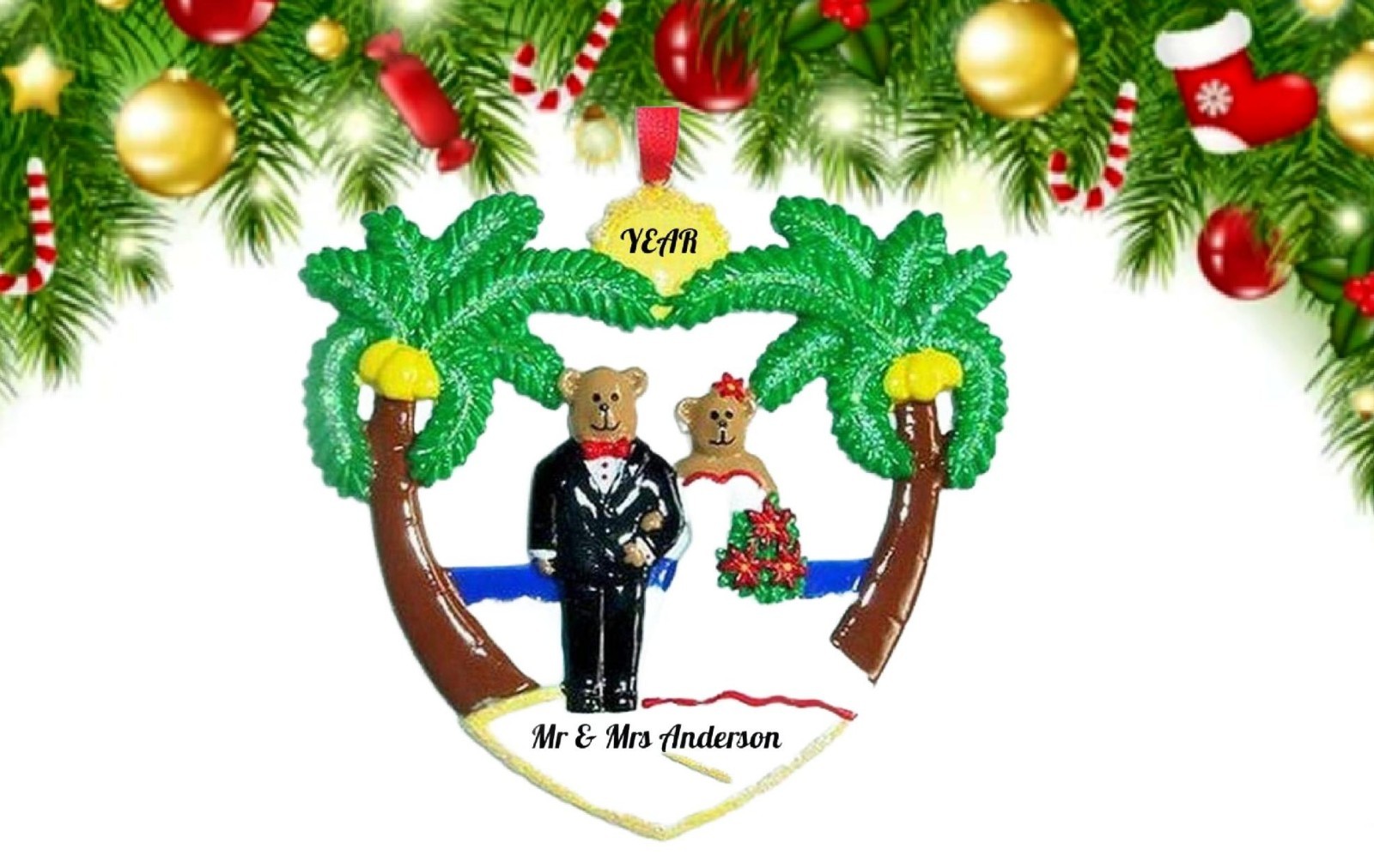 Personalized Beach Wedding Christmas Ornament – Tropical Bride and Groom Bear