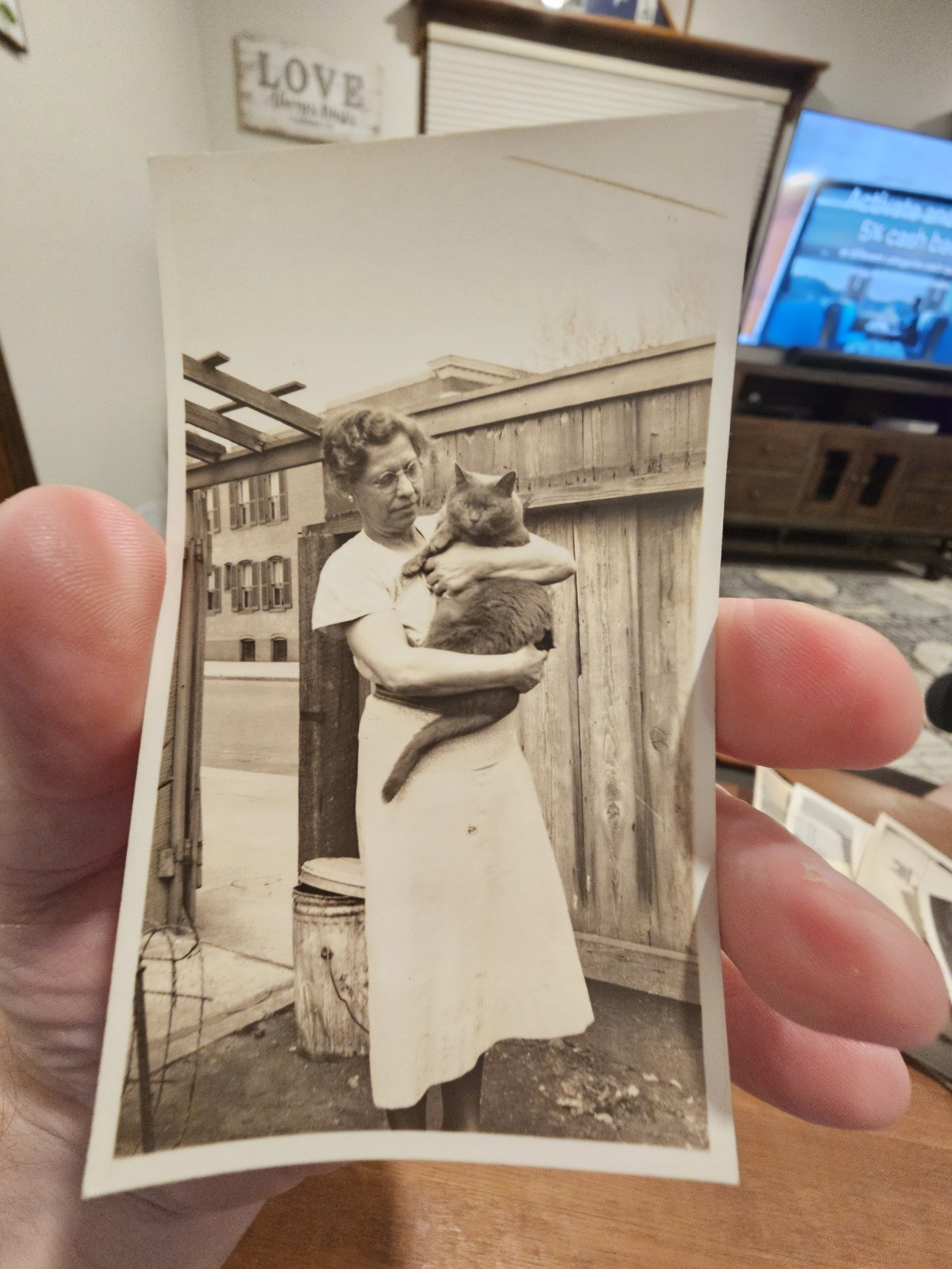 Vintage Photo Snapshot Lady Women Holding Her Fat Cat Kitty (F14)