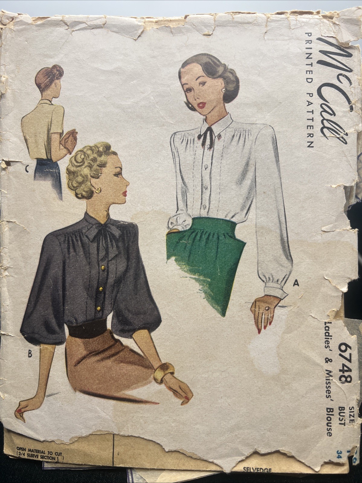 RARE Vtg 40's McCall's 6748 Sewing Pattern Size 16 34 Blouse Shirt Variations RARE Vtg 40's McCall's 6748 Sewing Pattern Size 16 34 Blouse Shirt Variations