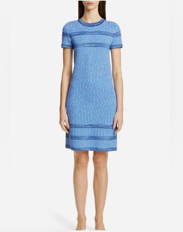 St. John Collection Blue/White  Tweed Knit Sheath Dress, Round Neck NWT size 10