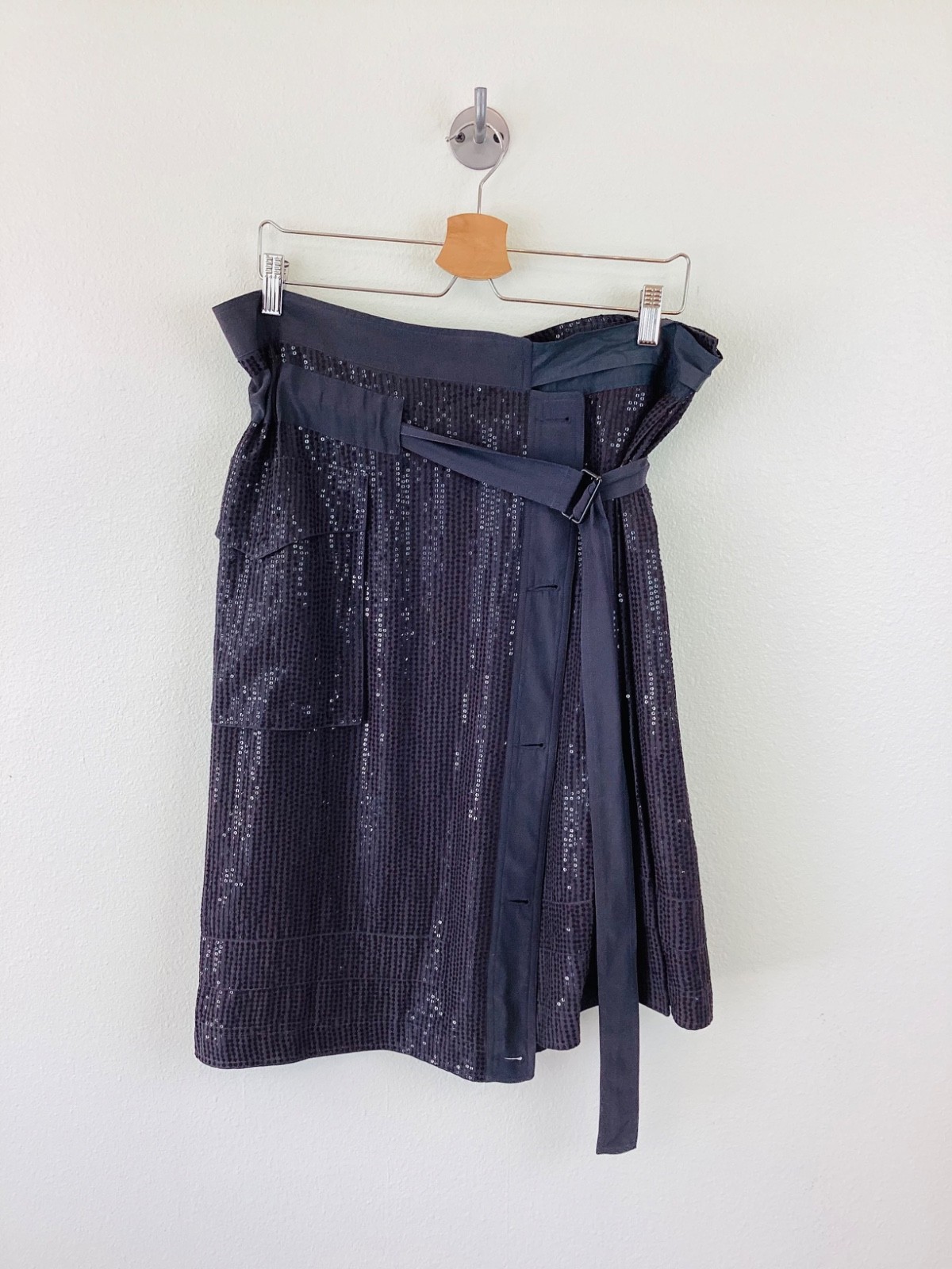 DRIES VAN NOTEN Sequin Beaded WHIMSICAL EMBELLISHED Dark GREY SILK Wrap Skirt M