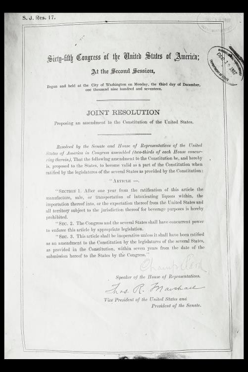 Washington DC USA 1917 18th Amendment Joint Resolution Constitution Document
