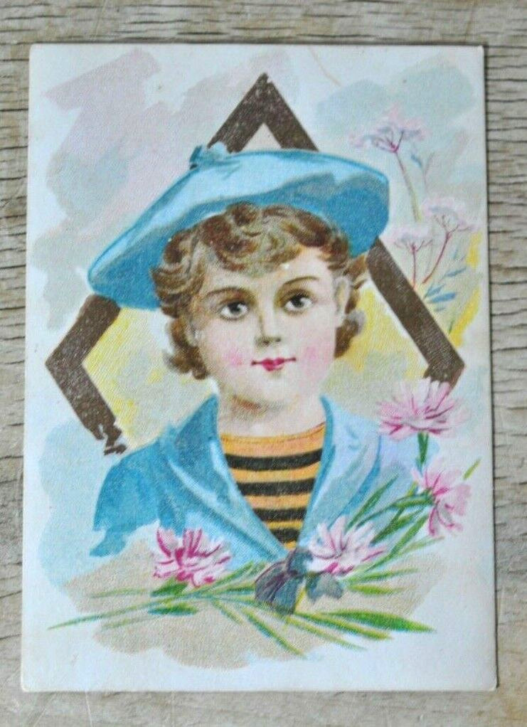 Antique Victorian Message Card Signed Aug.  2, 1895 Child Blue Hat and Coat