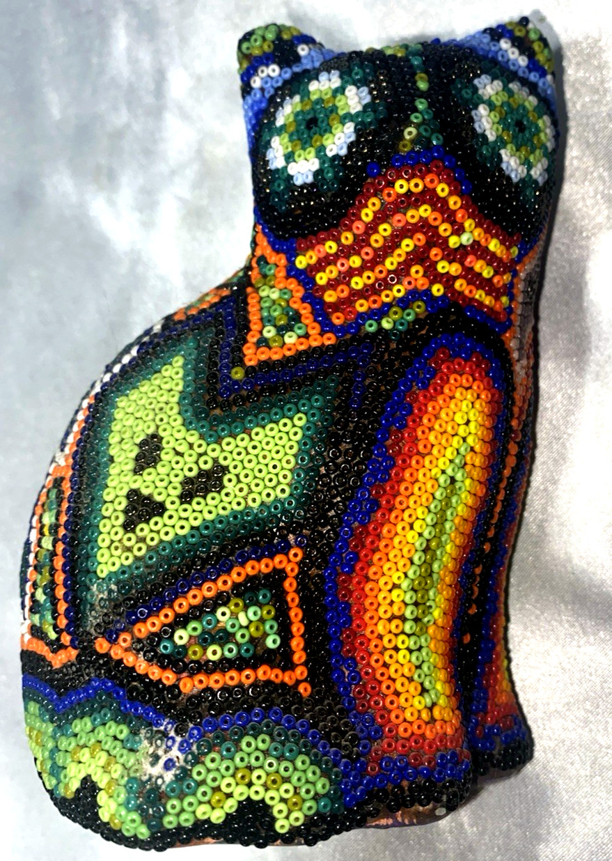 Vintage Huichol Beaded Cat Figurine Handmade Mexican Folk Art