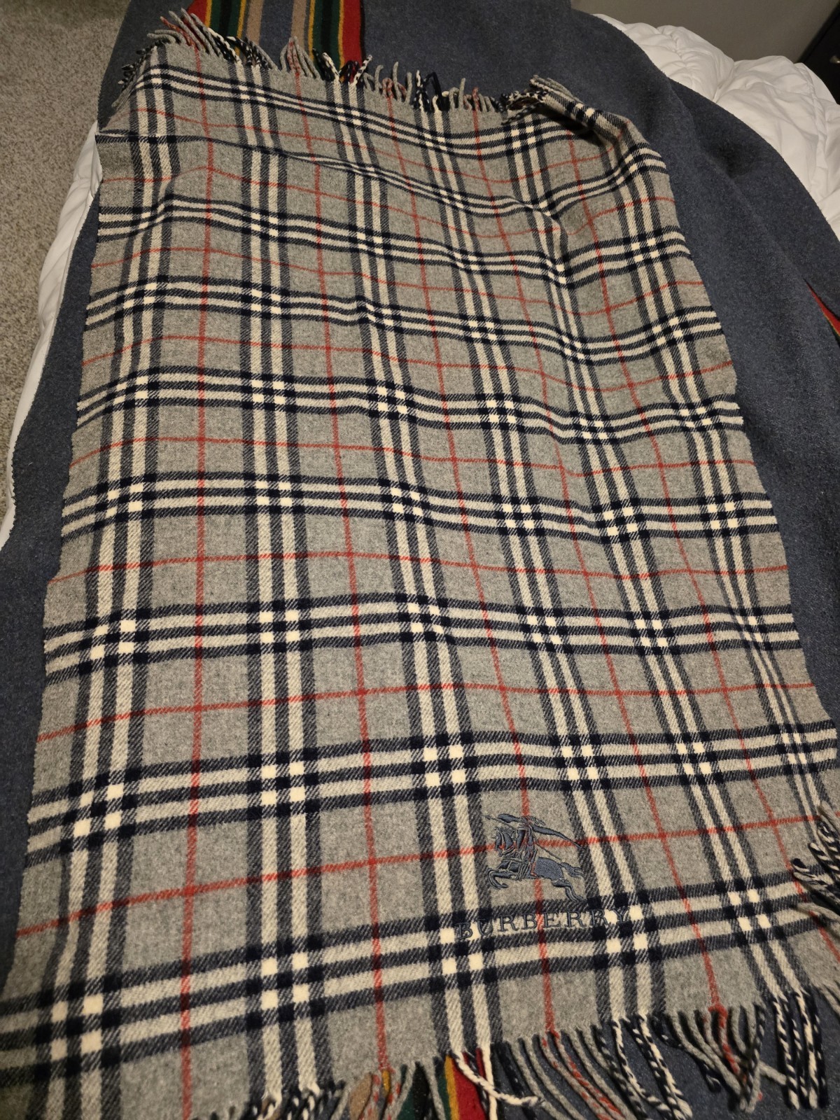 Burberry Grey Plaid Wool Blanket with Fringe 39 x 25 Excellent Condition Vintage