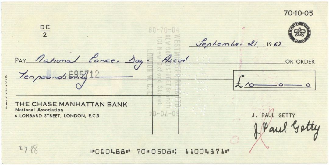 J. Paul Getty signed 1960's dated Check on Chase Manhattan Bank London - The Man