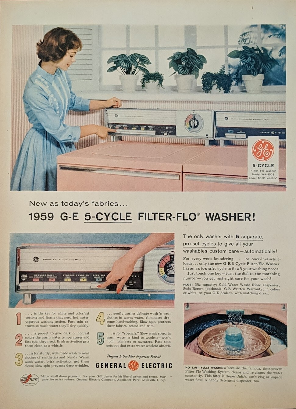 1958 GE Pink 5 Cycle Washing Machine, Retro, Unique Household Art 50's