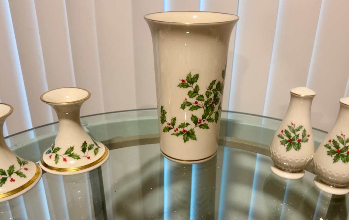 Lenox Holiday 5-Pc Set Vase Candlesticks Salt Pepper Holly Berry Gold Trim