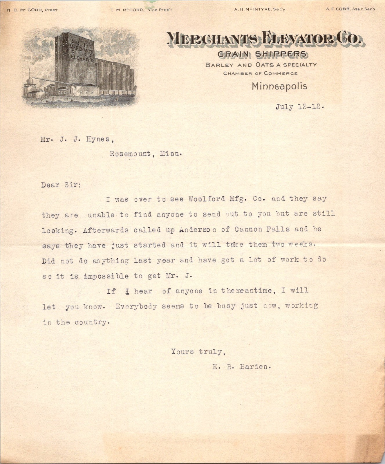 Merchants Elevator Co. 1912 Minneapolis MN Antique Letterhead Billhead TK23