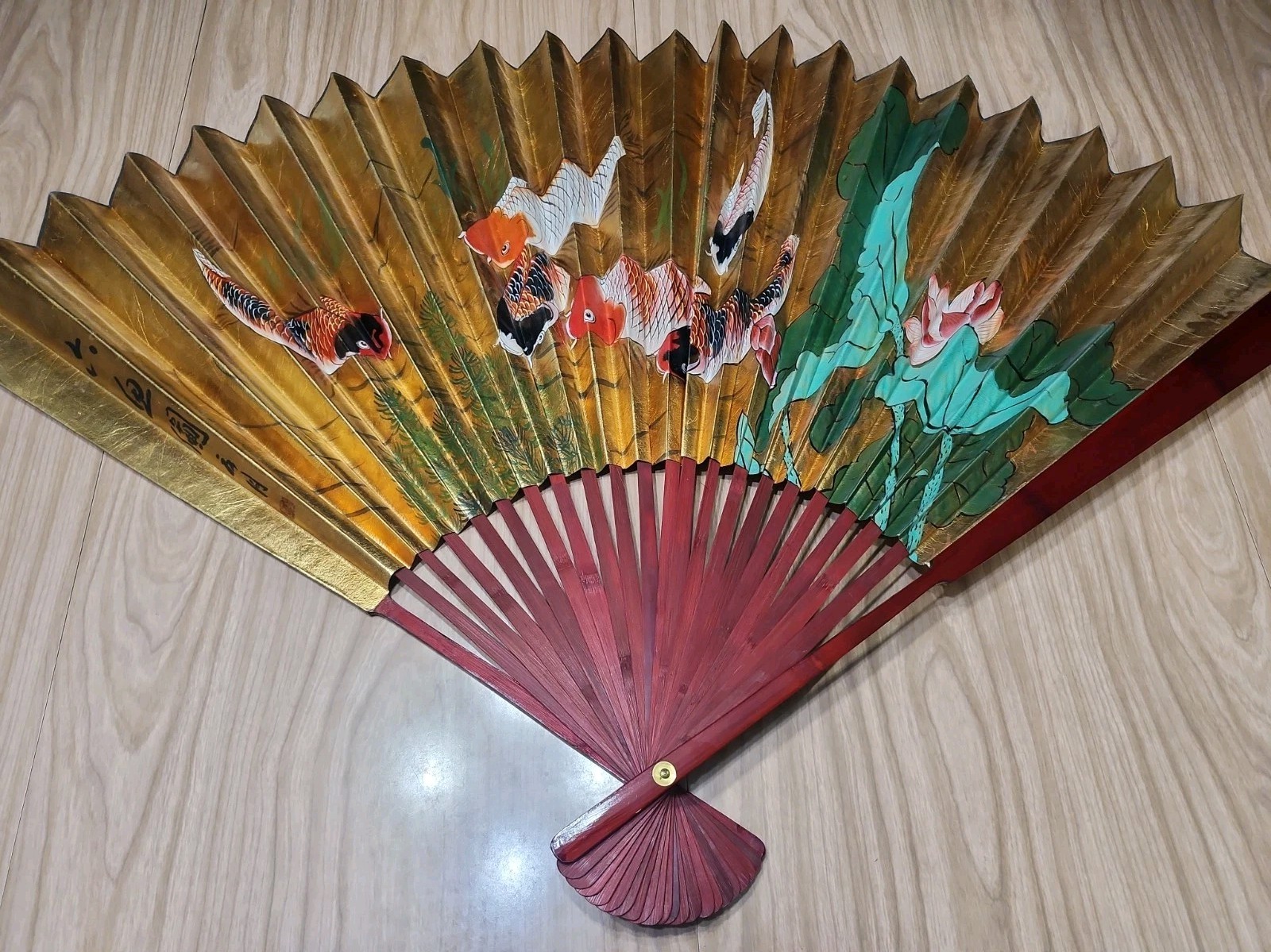 Vintage Chinese Handmade Decorated Wooden Wall Fan Gold Coi Fish 50\
