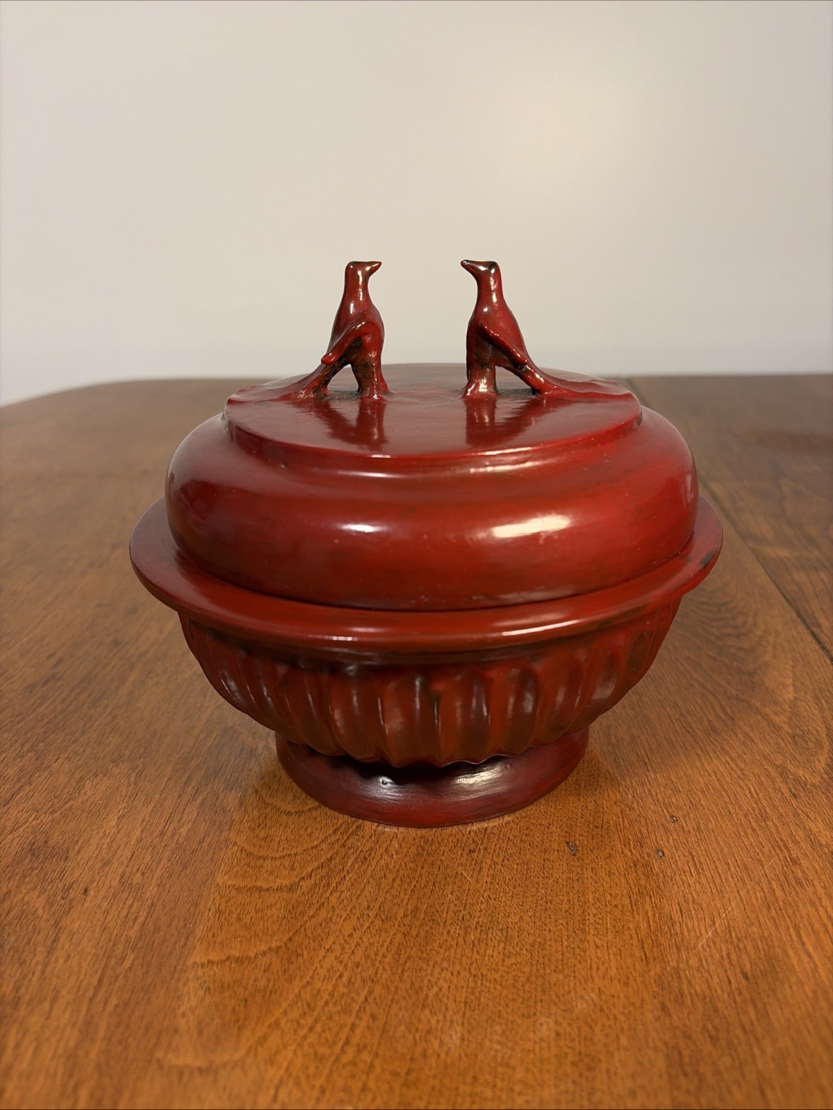 Vintage Burmese Red Lacquerware Offering Box Bird Finial 3 Piece Vessel