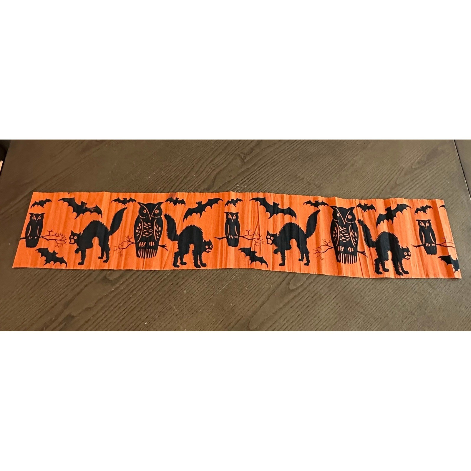 Vintage Halloween Crepe Paper Streamer Black Cat Owl Bat Orange Decor 35x6.5