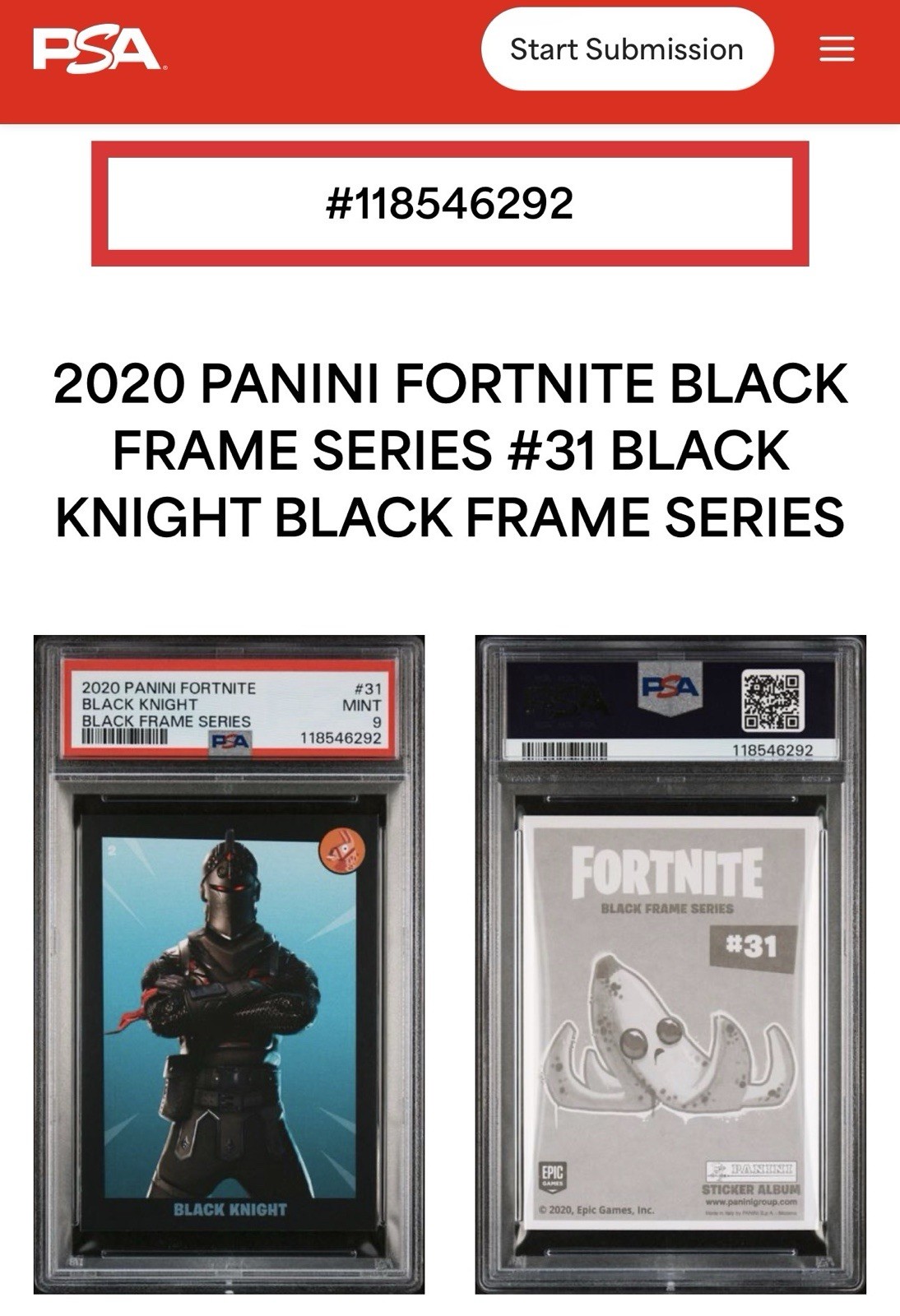 BLACK KNIGHT 2020 Fortnite Panini #31 Frame Series Sticker PSA 9 =POP 3‼️🤯 RARE