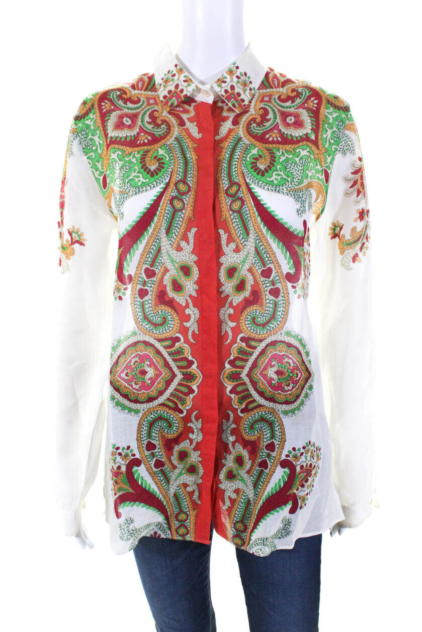Etro Womens White Multicolor Paisley Long Sleeve Button Down Blouse Size 46