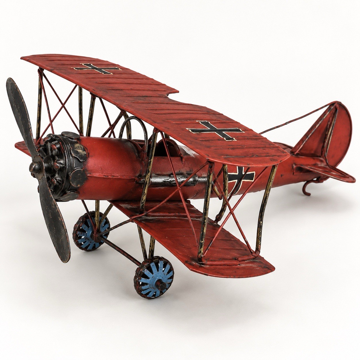 Vintage WWI Red Baron Decor Tin Metal Bi-Plane Rustic Model Airplane