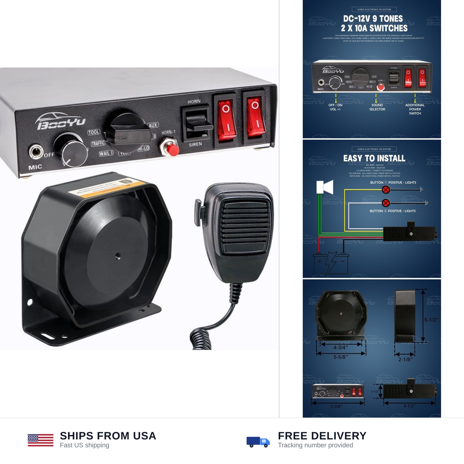 12V 200W 9 Tone Slim Speaker Emergency Siren PA System for Vehicles