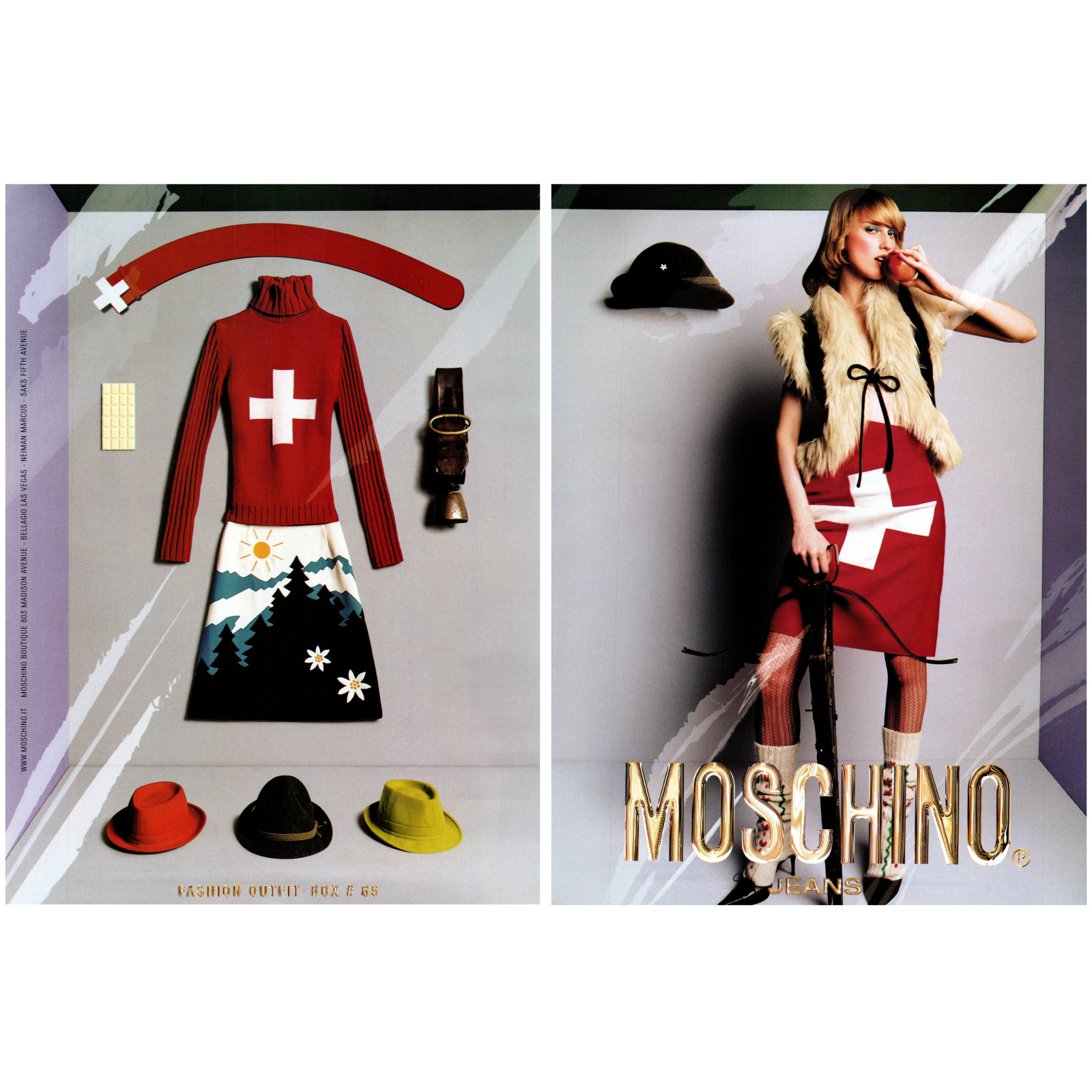 2000 PRINT AD, Moschino Jeans Fashion Outfit Box #65 Swiss Alps Y2k 00's Ad