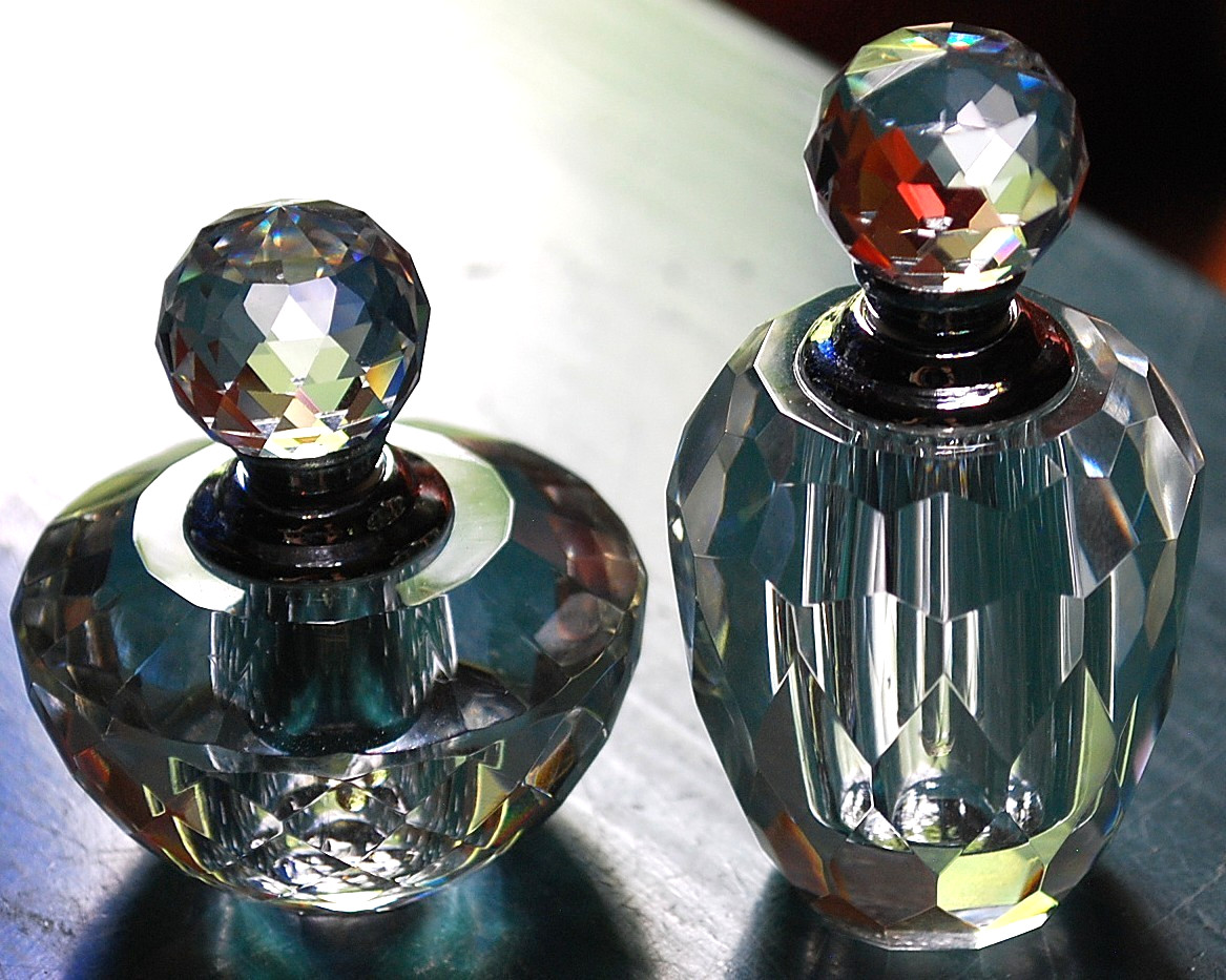 Vtg SET 2 FACETED CUT CRYSTAL Saks Fifth Avenue PERFUME BOTTLES W STOPPERS
