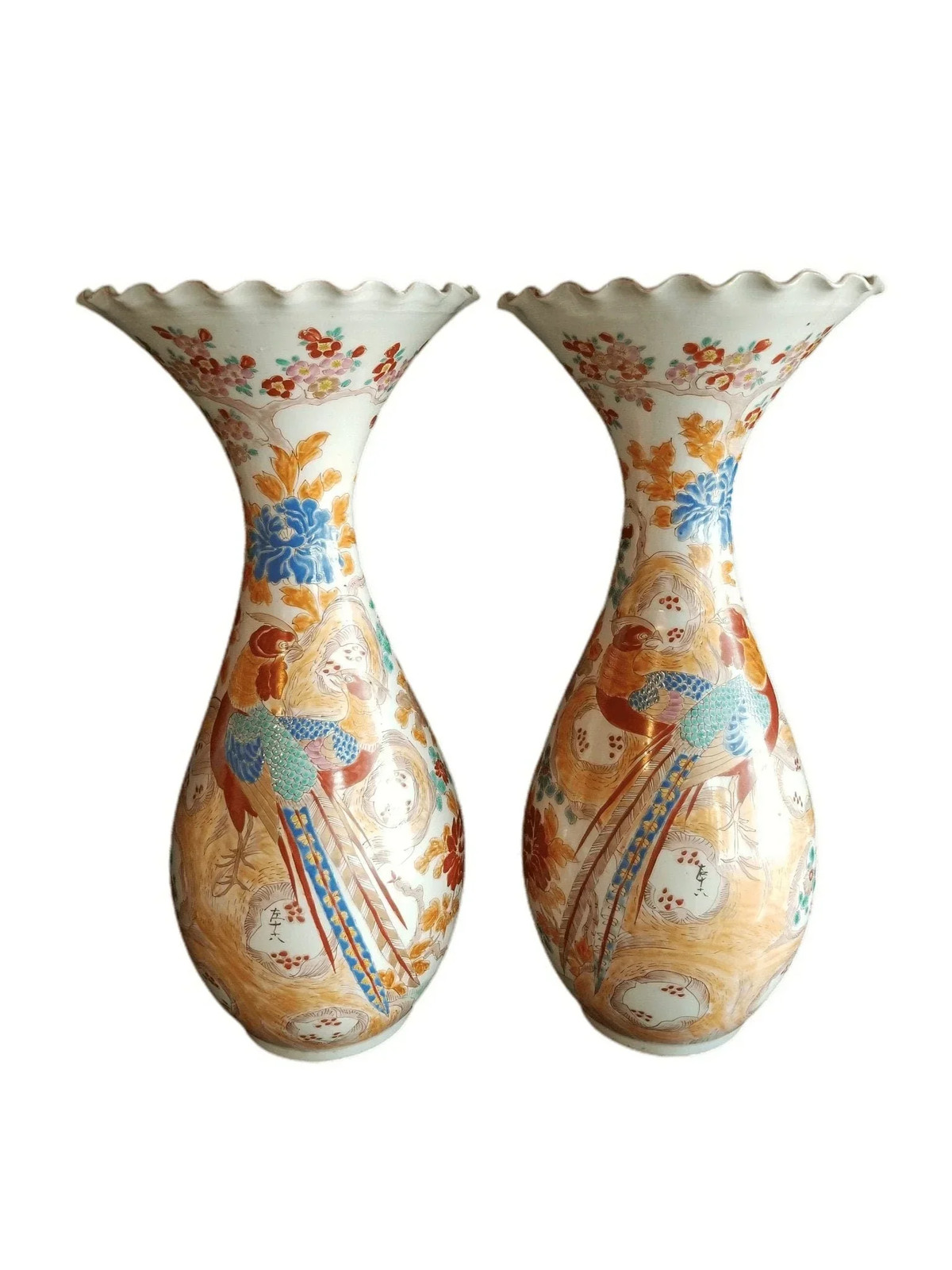 Antique Japanese Signed Kutani Vases Birds of Paradise Huge 15\