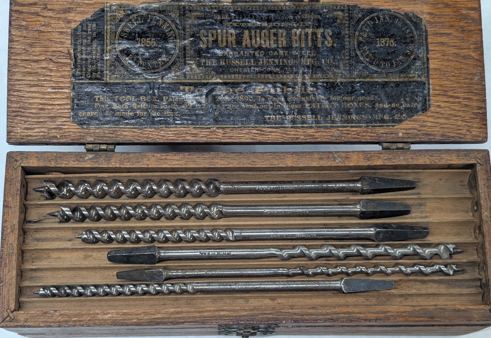 Vintage RUSSELL JENNINGS 12 Auger Bit #100 Set in Oak Wood 3 Tiered Storage Box
