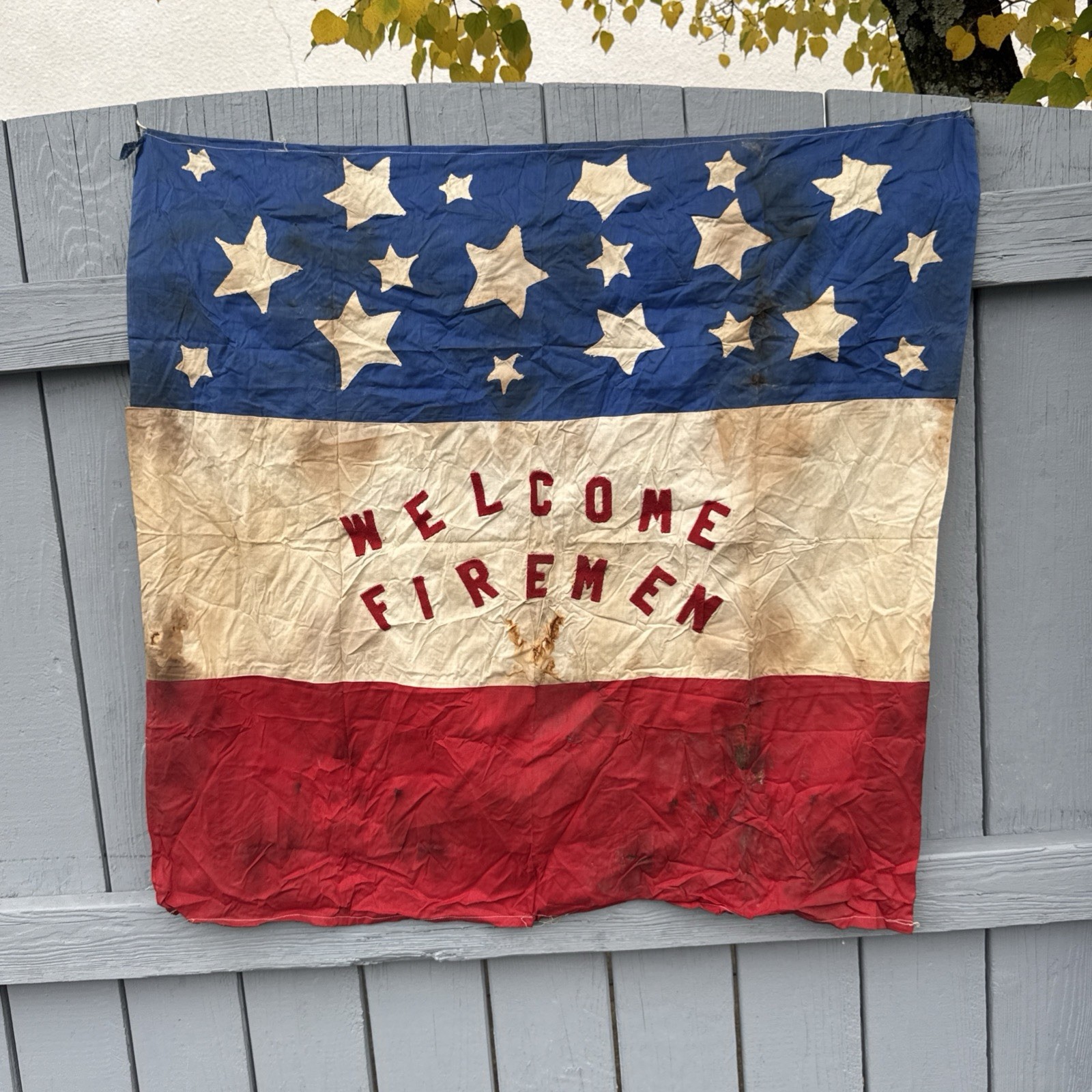 Vintage Welcome Firemen Fabric Banner 34x33 Patriotic Americana Firehouse Decor