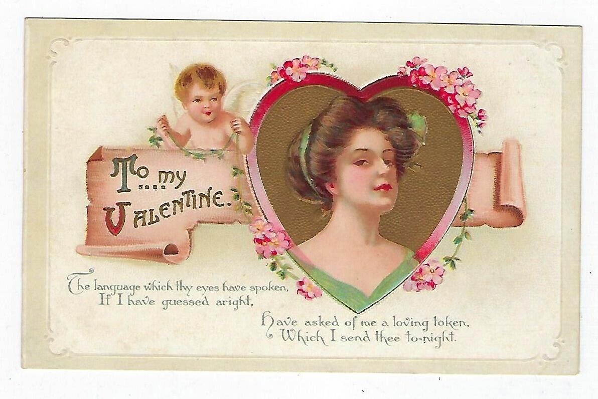 Early 1900's Valentine Postcard Victorian Woman Within Heart and Cupid