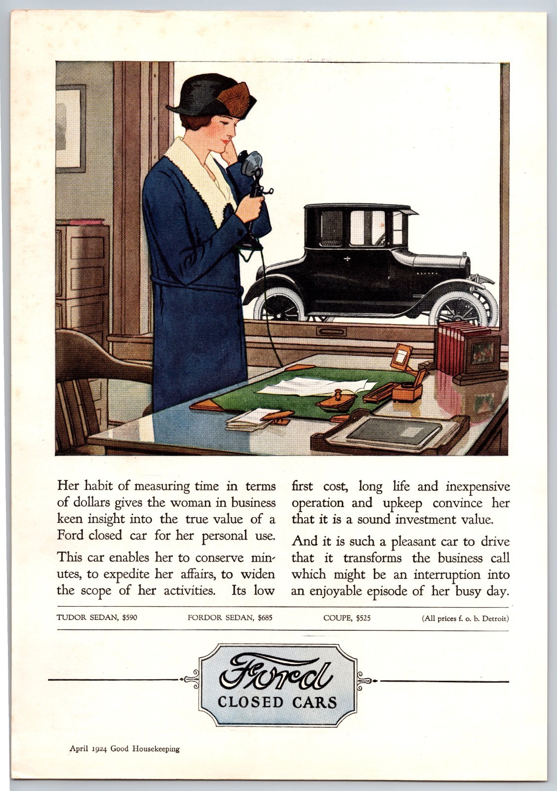 Vintage 1924, Ford Closed Cars, Fordor Sedan Auto, Automobile, Car 20's Print Ad