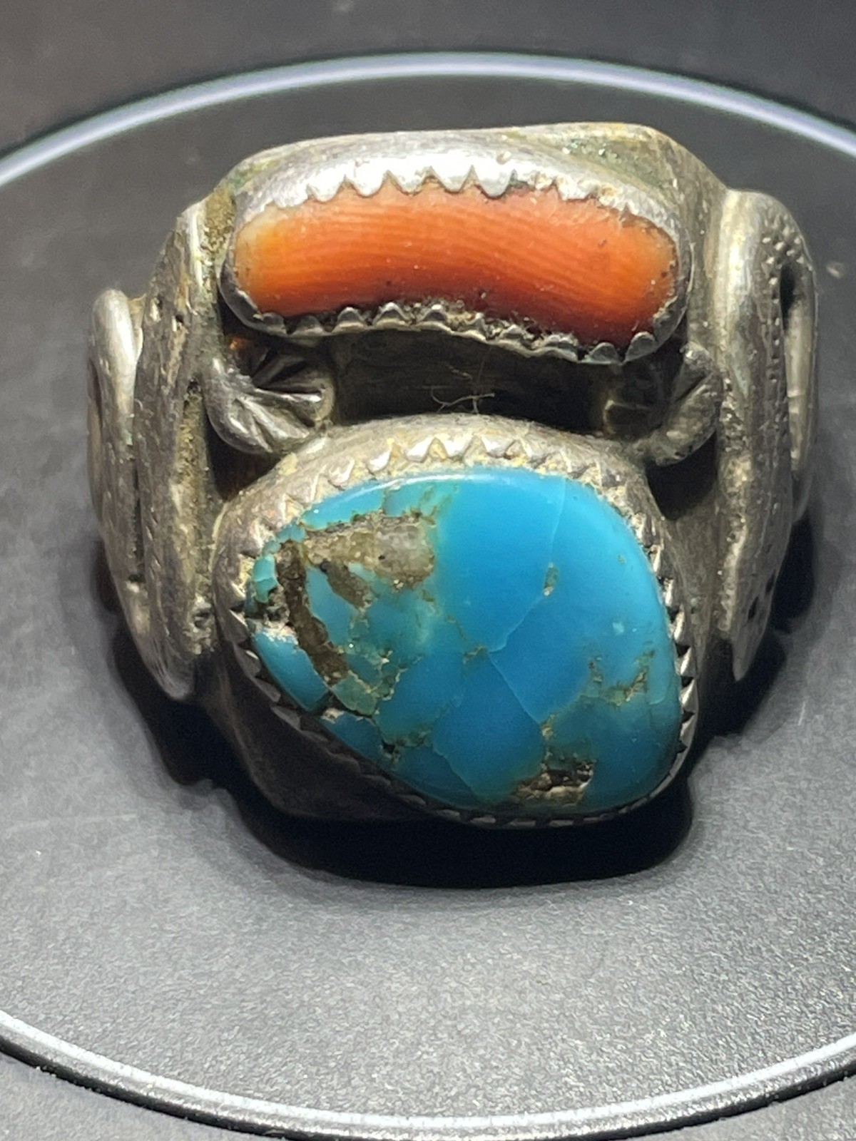 Vtg Navajo Sterling Silver Double Snake Ring Turquoise Coral Heavy 16.6g AS IS