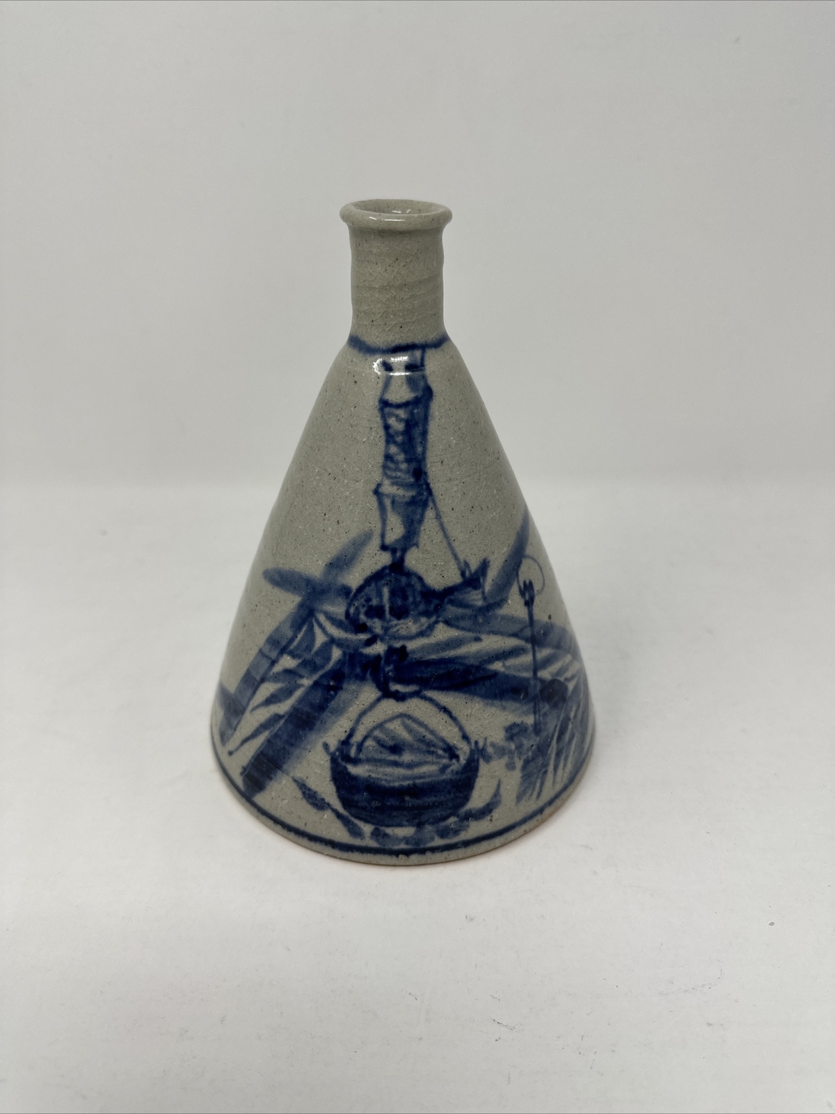 Antique Japanese Tokkuri Saki Ceramic Bottle Blue White Vase Signed by Artist