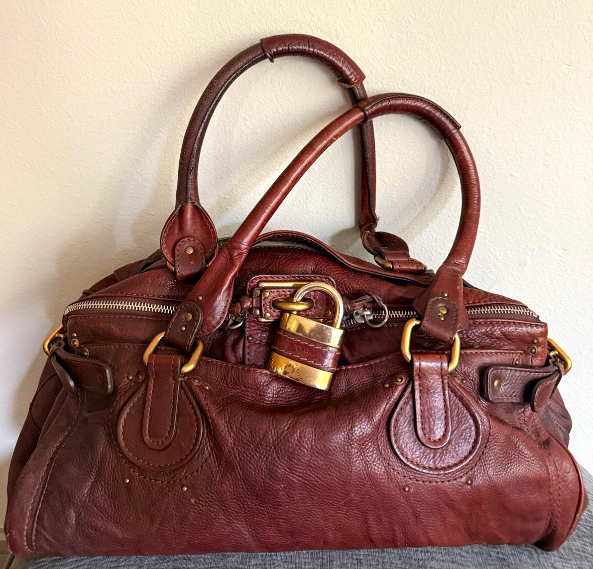 Chloe Paddington Large Bordeaux Leather Shoulder Bag Lock Key Vintage Y2K