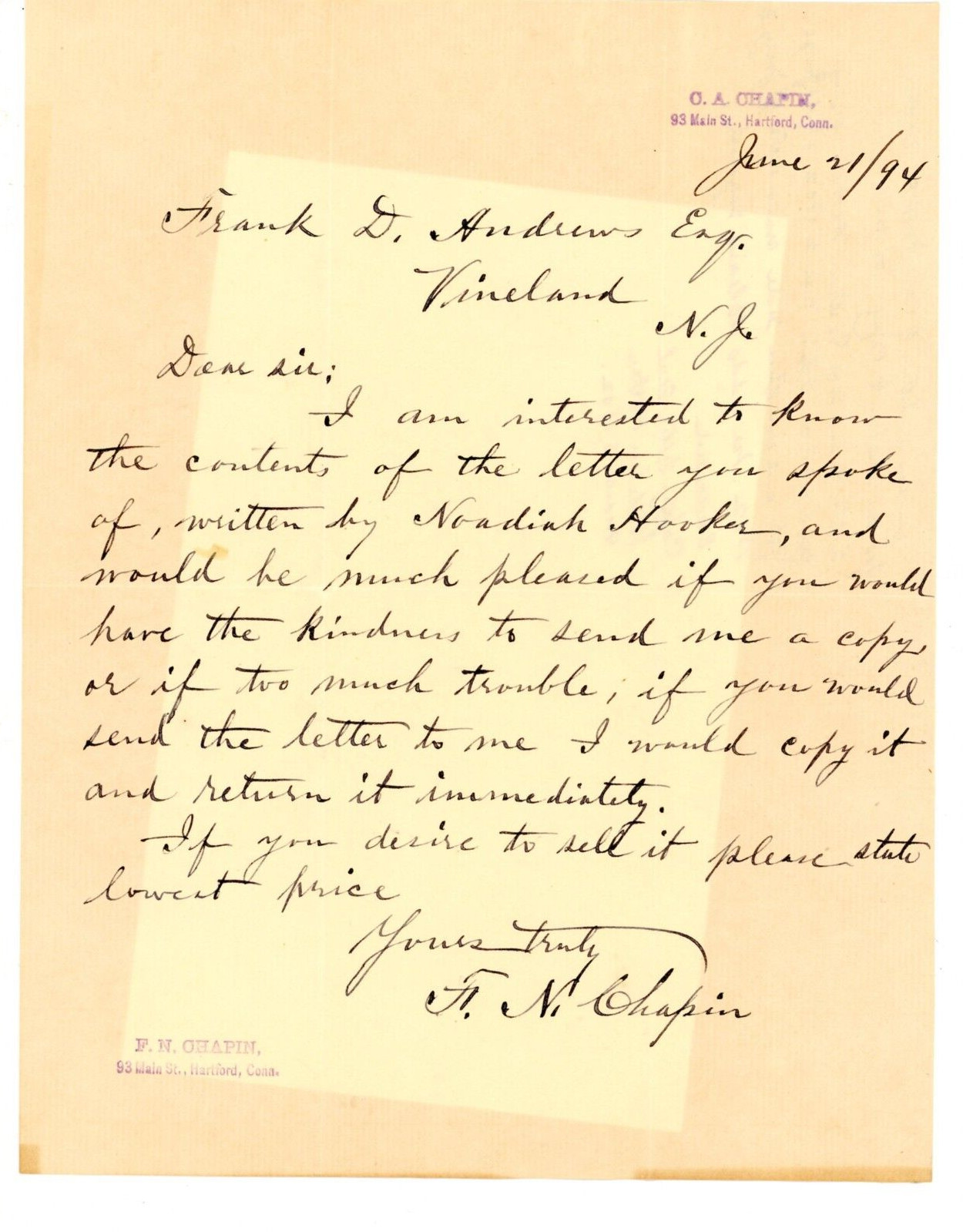 1894 Signed Letterhead F N Chapin Signed Hartford Connecticut CT 2 Frank Andrews