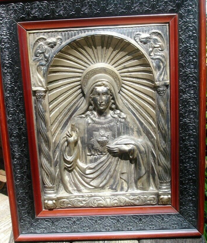 RARE antique religious wall icon JESUS hand MOVES Registrado silver 3D Art SPAIN