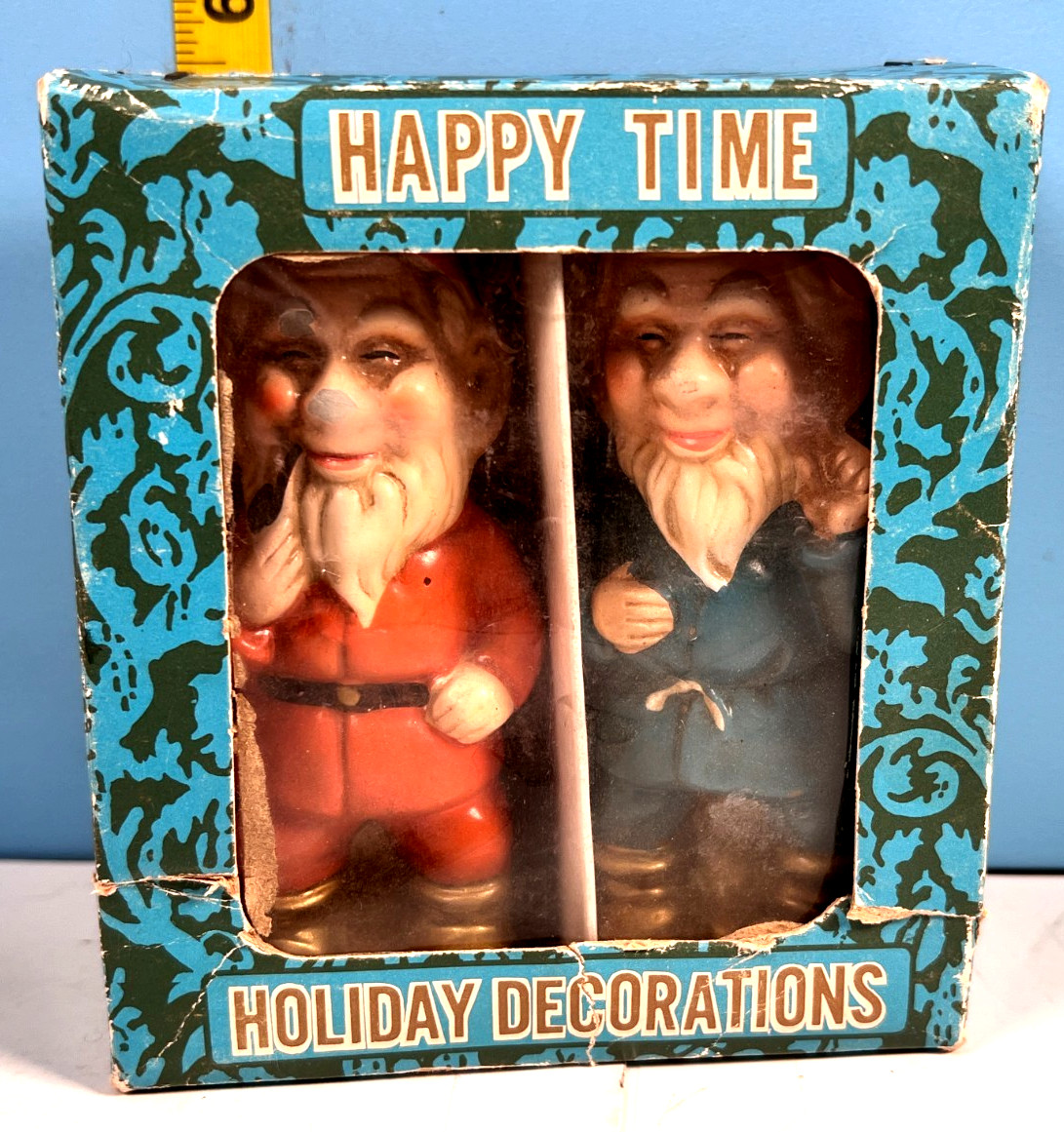 Vintage Commodore Japan Holiday Decorations Happy Time Elves Pair w/Original Box