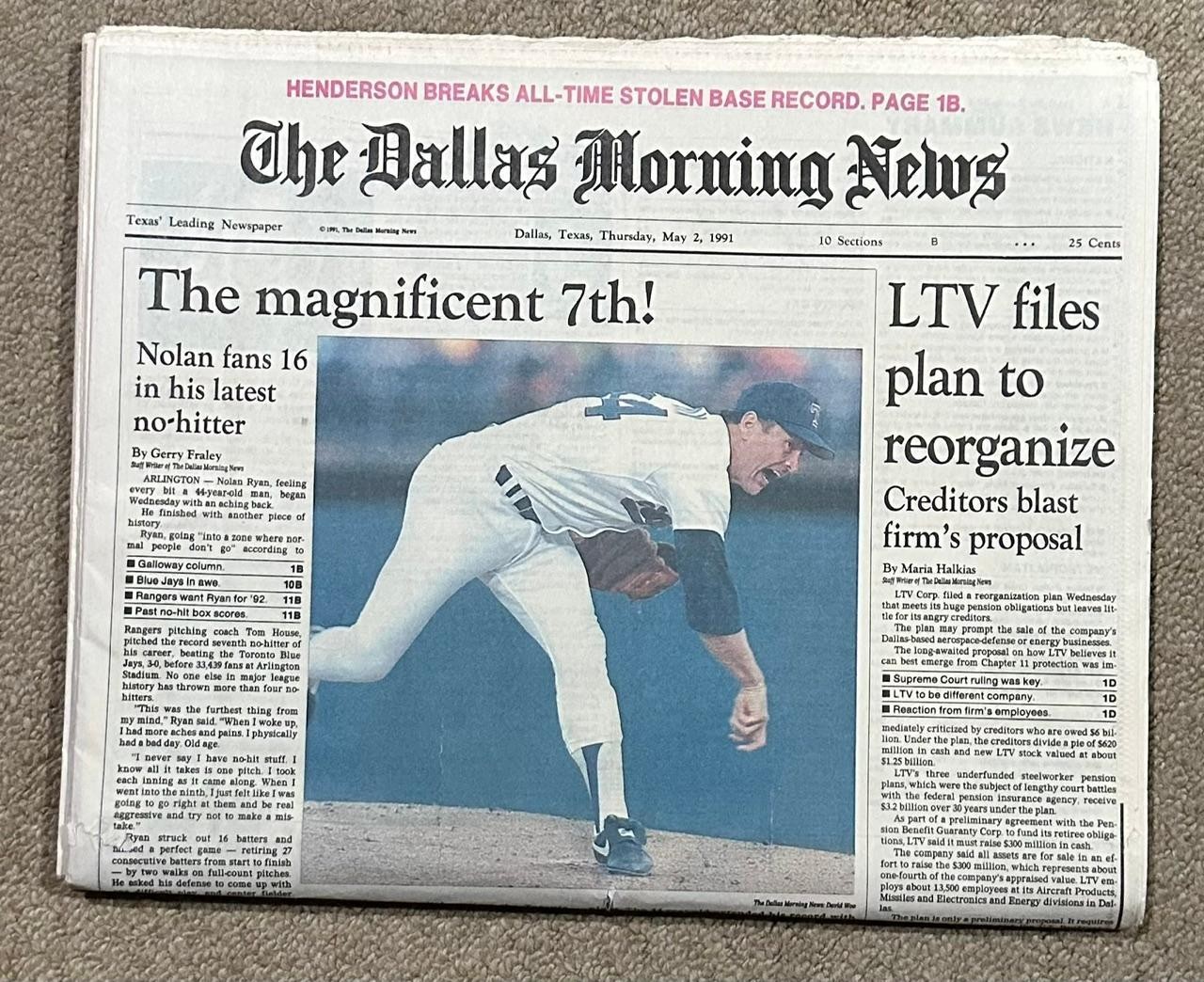 NOLAN RYAN - The Dallas Morning News COMPLETE May 2 1991 Headlines 7th NO HITTER