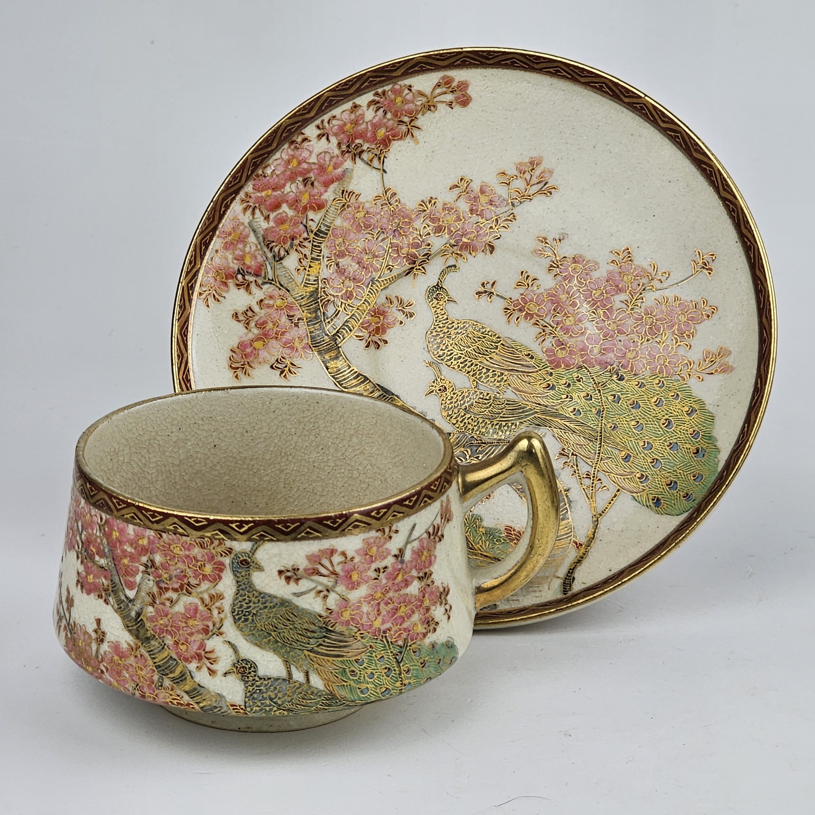 Vintage Japanese Satsuma Tea Set Hand-Painted Peacock Cherry Blossom 10 pieces