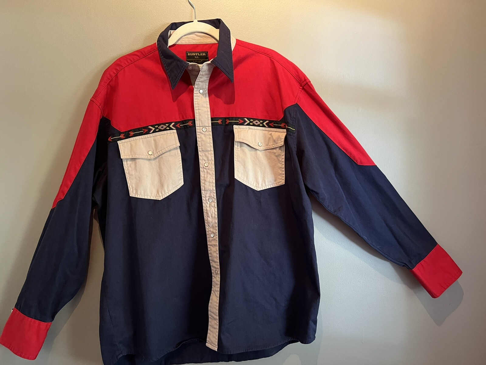 WRANGLER RUSTLER Aztec Western  Pearl Snaps Cowboy Men’s XL Shirt VG++